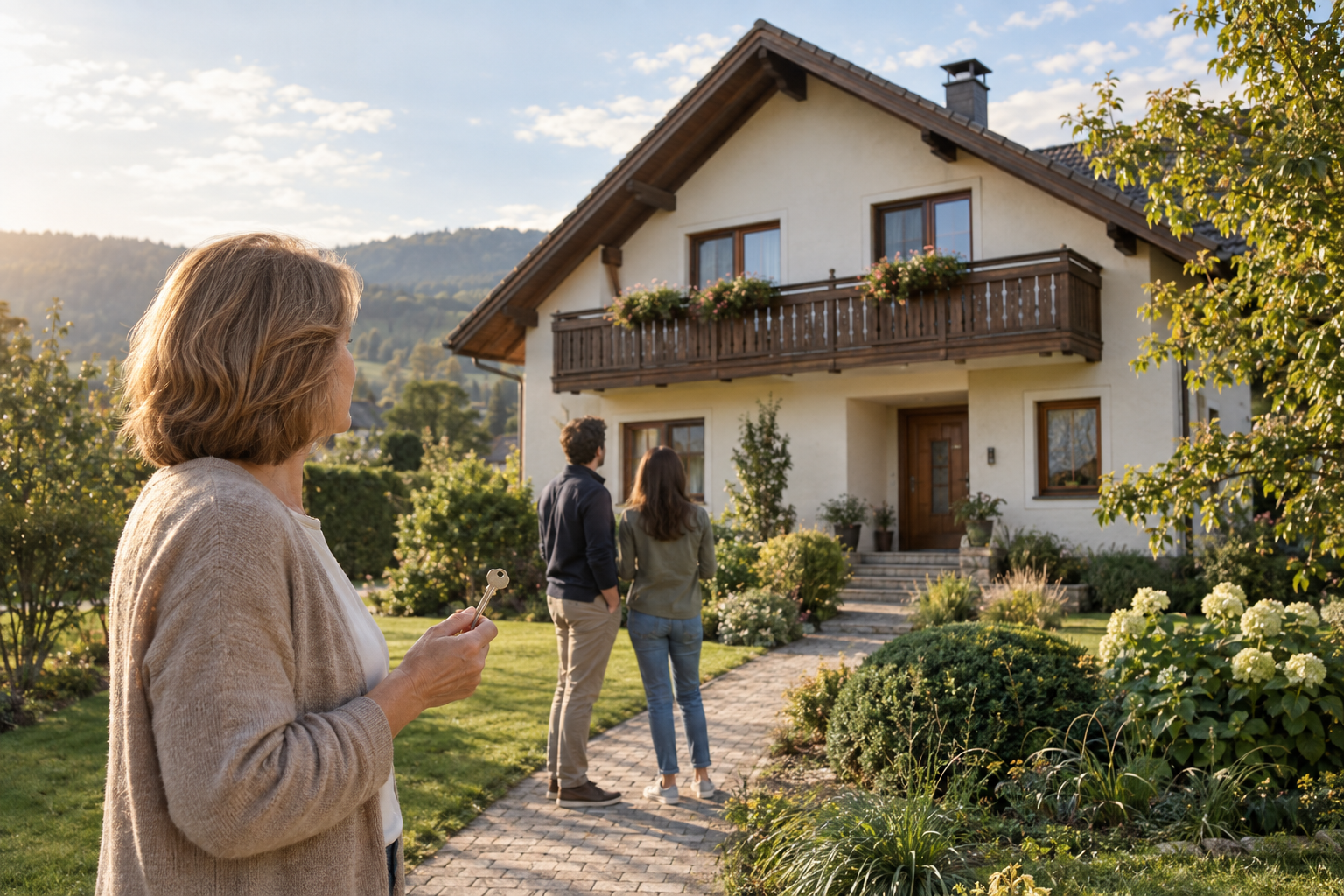 Drei Angehörige betrachten ein gemeinsames Haus, eine Frau hält den Schlüssel